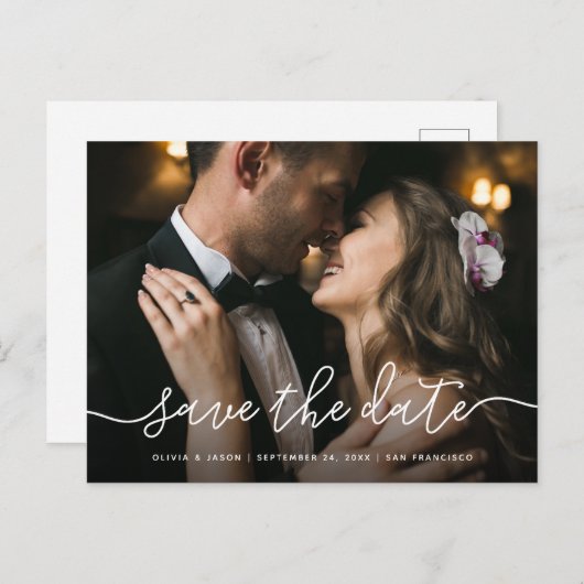 Eenvoudig script | Foto Wedding Save the Date Briefkaart (Voorkant / Achterkant)