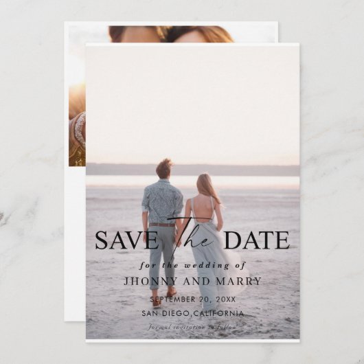 Eenvoudig Script-fotohuwelijk bewaart de datumkaar Kaart (Voorkant / Achterkant)