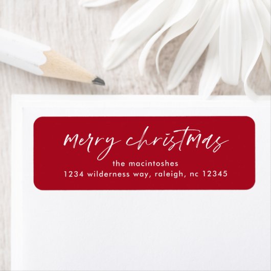 Eenvoudig script gelukkig kerstfeest rood en wit etiket (Insitu)