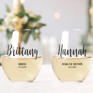 Eenvoudig script gepersonaliseerde bruidsmeisje br wijnglas zonder voet