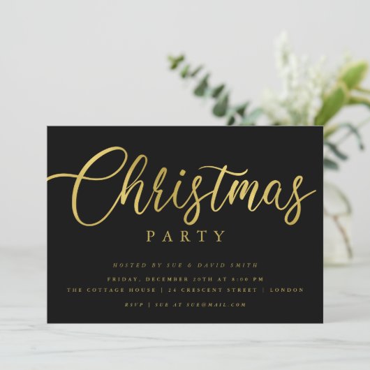 Eenvoudig Script Gold Black Minimal Christmas Part Kaart (Staand voorkant)