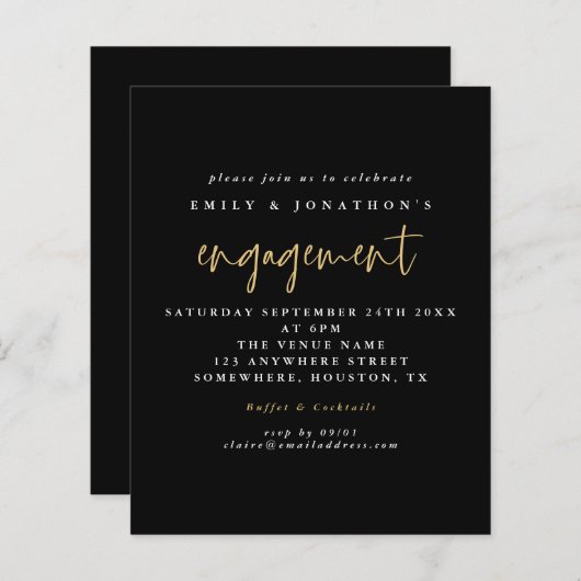 Eenvoudig script Gold Black Verloving uitgenodigd (Voorkant / Achterkant)