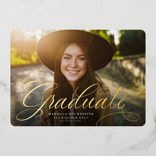 Eenvoudig script goud afstuderen horizontaal afstu folie uitnodiging (Voorkant)