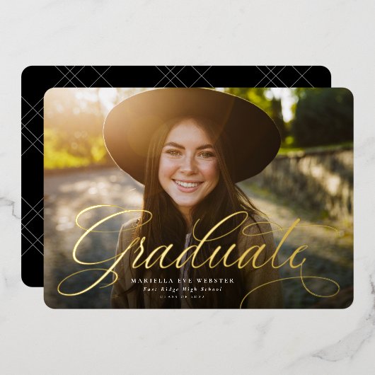 Eenvoudig script goud afstuderen horizontaal afstu folie uitnodiging (Voorkant / Achterkant)