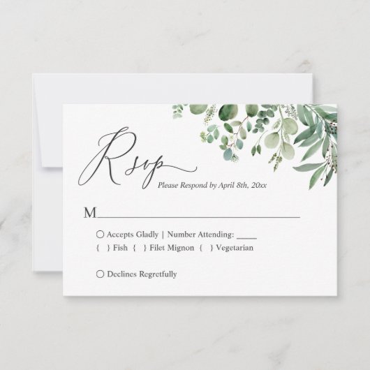 Eenvoudig Script Greenery Eucalyptus Foliage Wedde RSVP Kaartje (Voorkant)