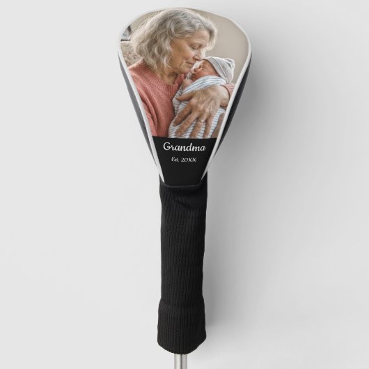 Eenvoudig script Grootmoeder Foto Jaar Zwart Golfheadcover (Voorkant)