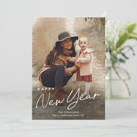 Eenvoudig script Happy New Year 3 Foto Feestdagenkaart (Staand voorkant)