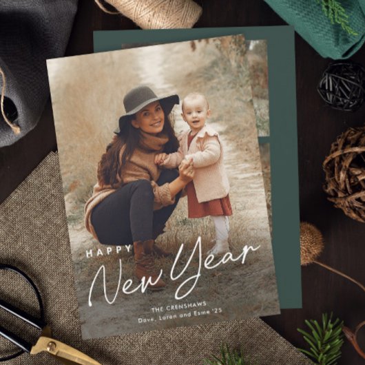 Eenvoudig script Happy New Year 3 Foto Feestdagenkaart