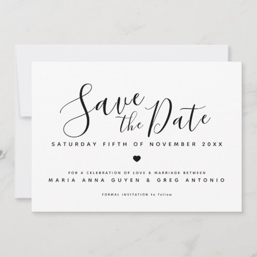 Eenvoudig script hart zwart op witte foto bruiloft save the date (Voorkant)
