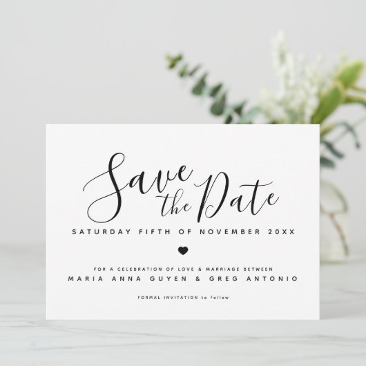 Eenvoudig script hart zwart op witte foto bruiloft save the date (Staand voorkant)
