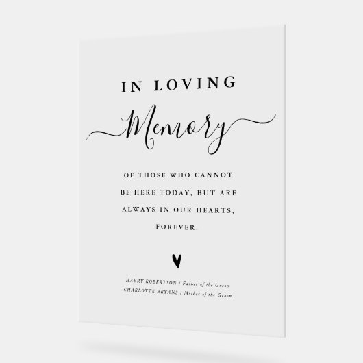 Eenvoudig script in liefdevolle herinnering acryl bord (Hoek)