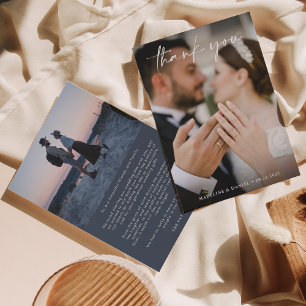 Eenvoudig script Ivory Dark Blue met Photo Wedding Bedankkaart