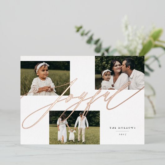 Eenvoudig script Joyful Greeting 3 Foto Folie Feestdagenkaart (Staand Voorkant)