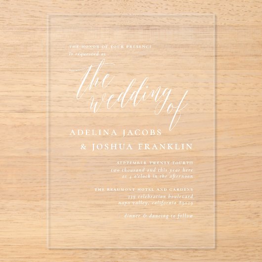 Eenvoudig script kalligrafie elegante bruiloft acryl uitnodigingen (Voorkant)