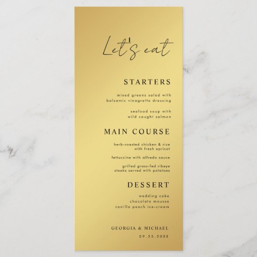 Eenvoudig script Let's Eat Black & Gold Wedding Menu (Voorkant)