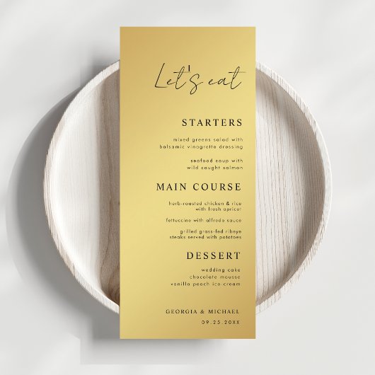 Eenvoudig script Let's Eat Black & Gold Wedding Menu