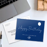 Eenvoudig Script Logo Navy Bue Zakelijke Verjaarda Briefkaart<br><div class="desc">Versterk uw professionele relaties met dit eenvoudige, minimalistische marineblauwe zakelijke verjaardagsverjaardag briefkaart. Met handgeschreven script "Happy Birthday" tekst in het wit en een charmante ballon illustratie, deze kaart combineert elegantie met warmte. Doordacht ontworpen, het bevat ruimte voor uw logo aan de voorkant, waardoor aanpassing snel en eenvoudig online is. De...</div>