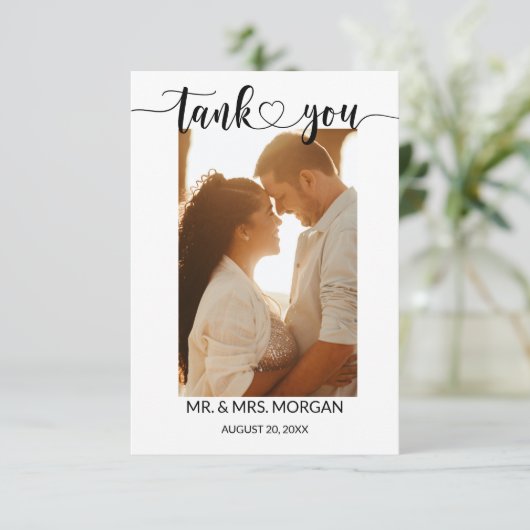 Eenvoudig script met hart en foto | Bruiloft Bedankkaart (Staand voorkant)