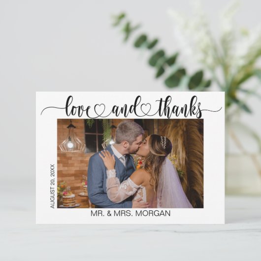 Eenvoudig script met hart en foto | Bruiloft Bedankkaart (Staand voorkant)
