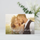 Eenvoudig script met hart foto bruiloft bedankkaart (Staand voorkant)