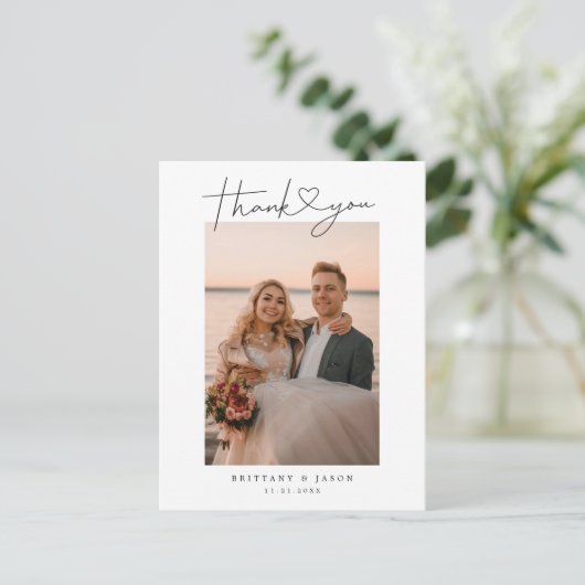 Eenvoudig script met Heart Wedding Dank u Foto Briefkaart (Staand voorkant)
