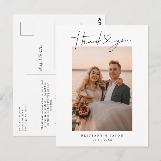 Eenvoudig script met Heart Wedding Dank u Foto Briefkaart (Voorkant / Achterkant)