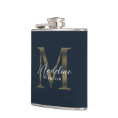 Eenvoudig script Metallic Navy Blauwe Gouden Monog Heupfles (Links)
