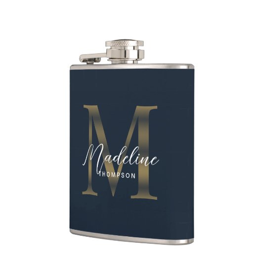 Eenvoudig script Metallic Navy Blauwe Gouden Monog Heupfles (Links)