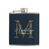 Eenvoudig script Metallic Navy Blauwe Gouden Monog Heupfles (Voorkant)