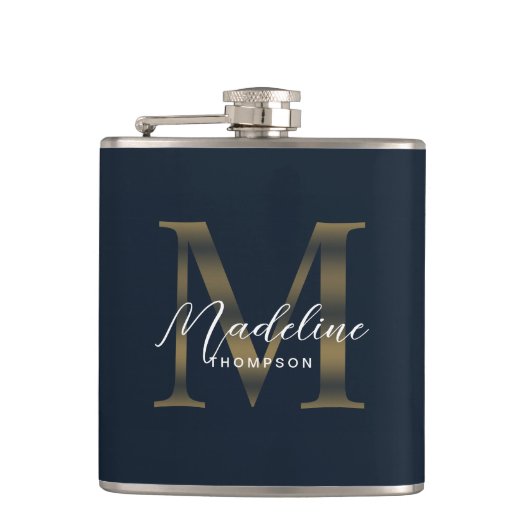 Eenvoudig script Metallic Navy Blauwe Gouden Monog Heupfles (Voorkant)