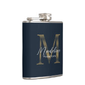 Eenvoudig script Metallic Navy Blauwe Gouden Monog Heupfles (Rechts)