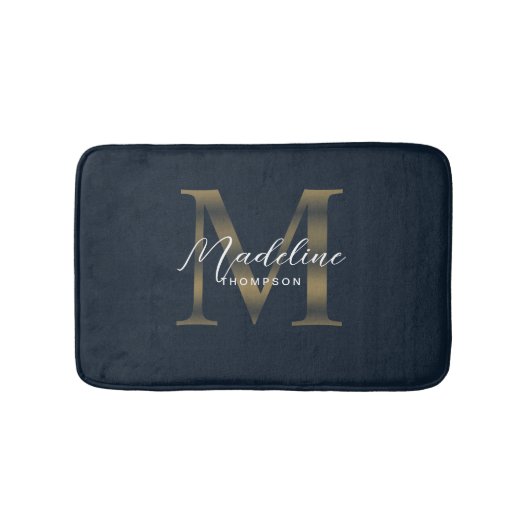 Eenvoudig script Metallic Navyblauw Gouden Monogra Badmat (Voorkant)