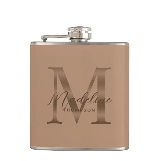 Eenvoudig script Metallic Taupe Gouden Monogram Heupfles (Voorkant)