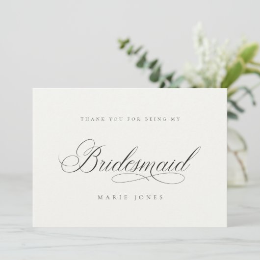 Eenvoudig script Minimale zwart-witbridesmaïde Bedankkaart (Staand voorkant)