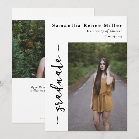 Eenvoudig script modern 2 foto afstuderen  kaart (Voorkant / Achterkant)