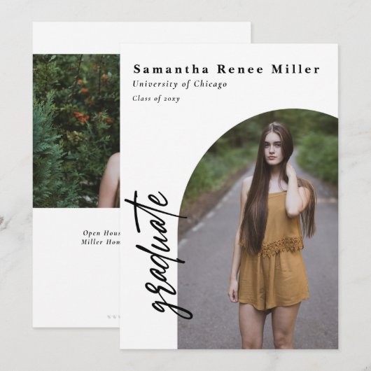 Eenvoudig script modern boog 2 foto afstuderen kaart (Voorkant / Achterkant)