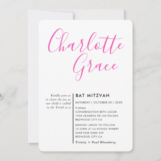 EENVOUDIG SCRIPT moderne Bat Mitzvah zwart fel roz Kaart (Voorkant)