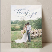 Eenvoudig script Moderne bruiloft foto blauw Bedankkaart