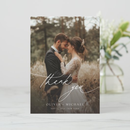 Eenvoudig Script Moderne rustieke bruiloft foto Bedankkaart (Staand voorkant)