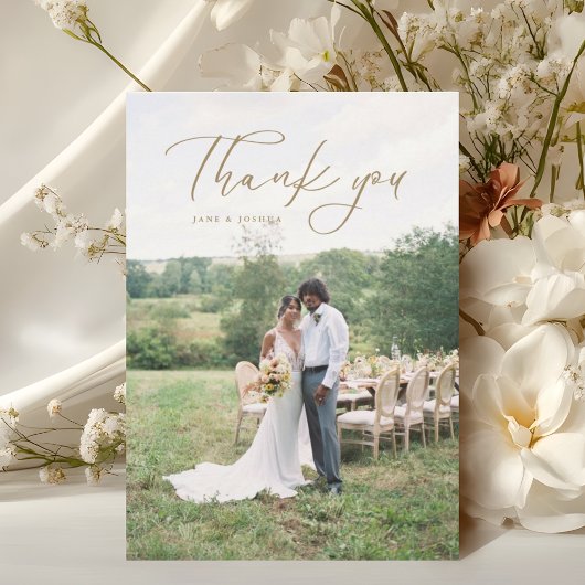 Eenvoudig script Moderne trouwfoto Goud Bedankkaart