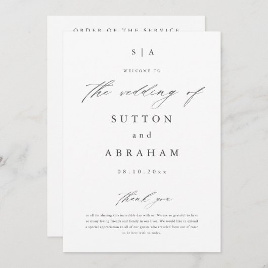 Eenvoudig script monogram Weddenschap Programmakaart (Voorkant / Achterkant)