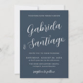 Eenvoudig Script Navy Blue en White Wedding Kaart (Voorkant)