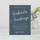 Eenvoudig Script Navy Blue en White Wedding Kaart (Staand voorkant)