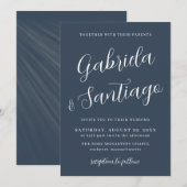 Eenvoudig Script Navy Blue en White Wedding Kaart (Voorkant / Achterkant)