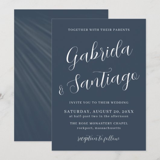 Eenvoudig Script Navy Blue en White Wedding Kaart (Voorkant / Achterkant)