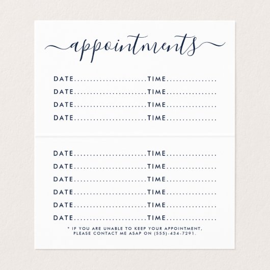 Eenvoudig script, Navy Blue & White Appointcard Visitekaartje (Binnenkant ongevouwen)