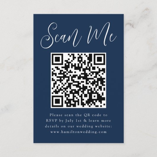 Eenvoudig script Navy QR-code Huwelijksreactie RSV Informatiekaartje (Voorkant)
