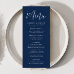 Eenvoudig Script Navy Wedding Menu<br><div class="desc">Eenvoudig trouwmenu met "Menu" dat in een wit script met een marine achtergrond wordt weergegeven. Pas het menu van de marine bruiloft aan door uw namen,  trouwdatum,  en menuinformatie toe te voegen. Ontworpen om met ons Eenvoudige collectie van de bruiloft van het Manuscript te coördineren.</div>