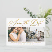 Eenvoudig script nep goud twee foto modern save the date (Staand voorkant)