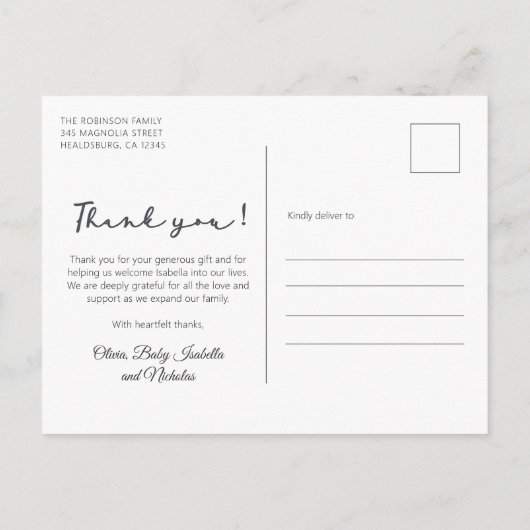 Eenvoudig script Newborn Baby Foto Dank u Briefkaart (Achterkant)